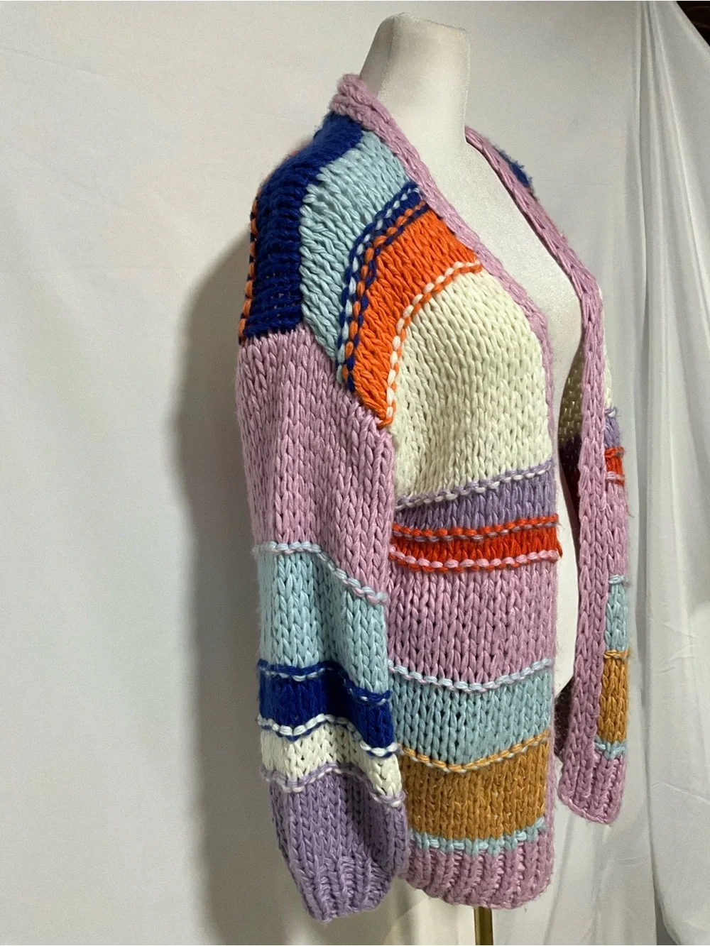Listicle Chunky Colorblock Open Front Cardigan Sweater Size Large Boho Cozy
